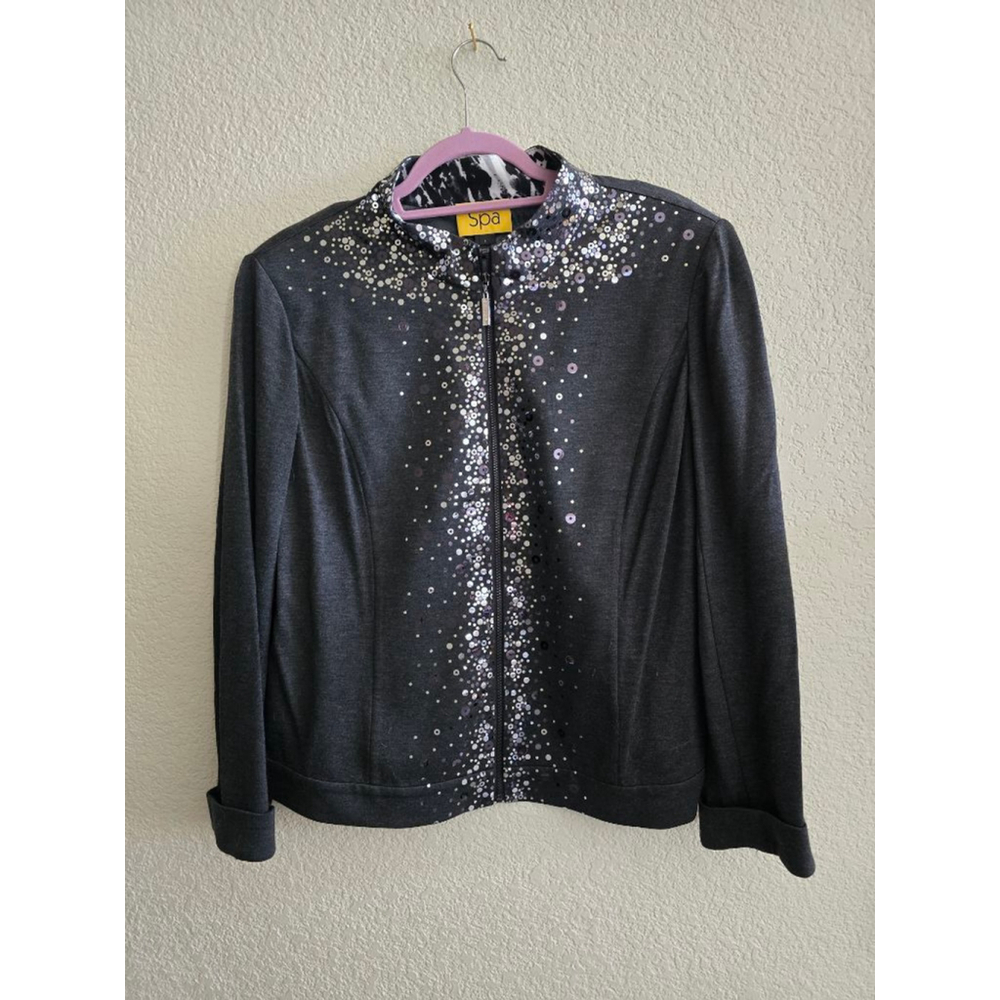 Women's St. John Spa Dark Grey Sequin Zip Jacket L Silver
